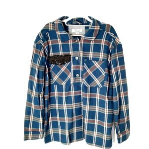 Caffe Marrakesh Women Shirt M Shacket‎ Flannel Plaid Sequin Pocket Button Casual